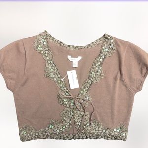 Maurice's BEAUTIFUL Taupe Bolaro Sweater Shrug with Irridescent Beading SZ Med